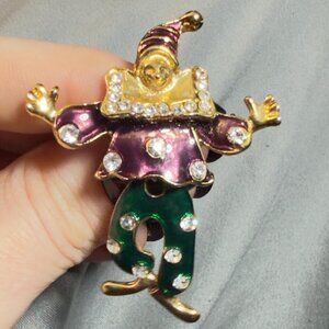 Jester Brooch Moving Legs Enamel Rhinestone Clown Pin Vintage 2.25"